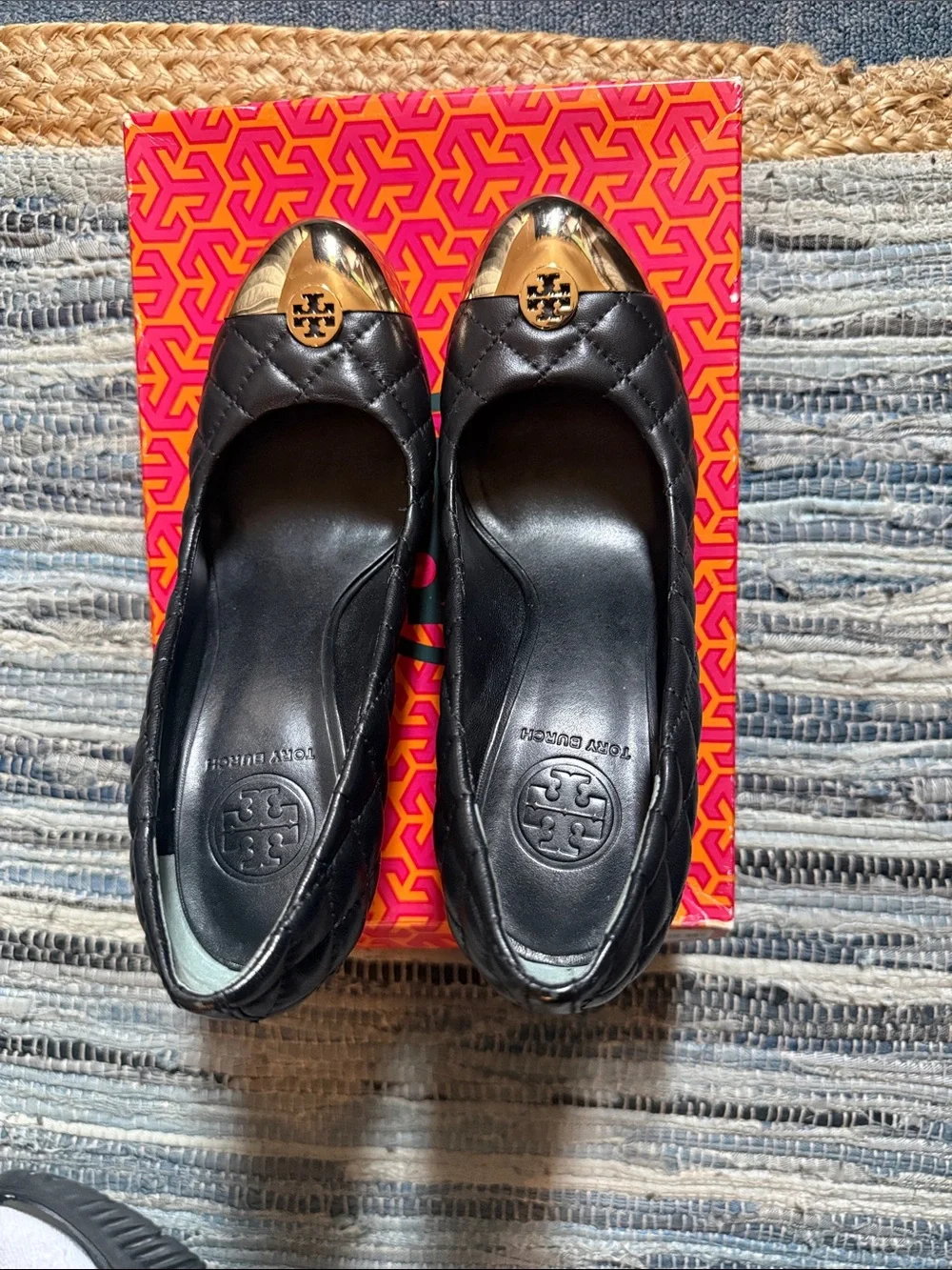 Tory Burch Black Quilted Leather Ballet Flats with Gold Logo Cap
